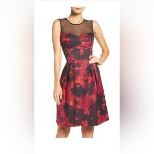 Modcloth Symphony Stunner Dress Maggy London Fit Flare Black Red Floral Mesh 14